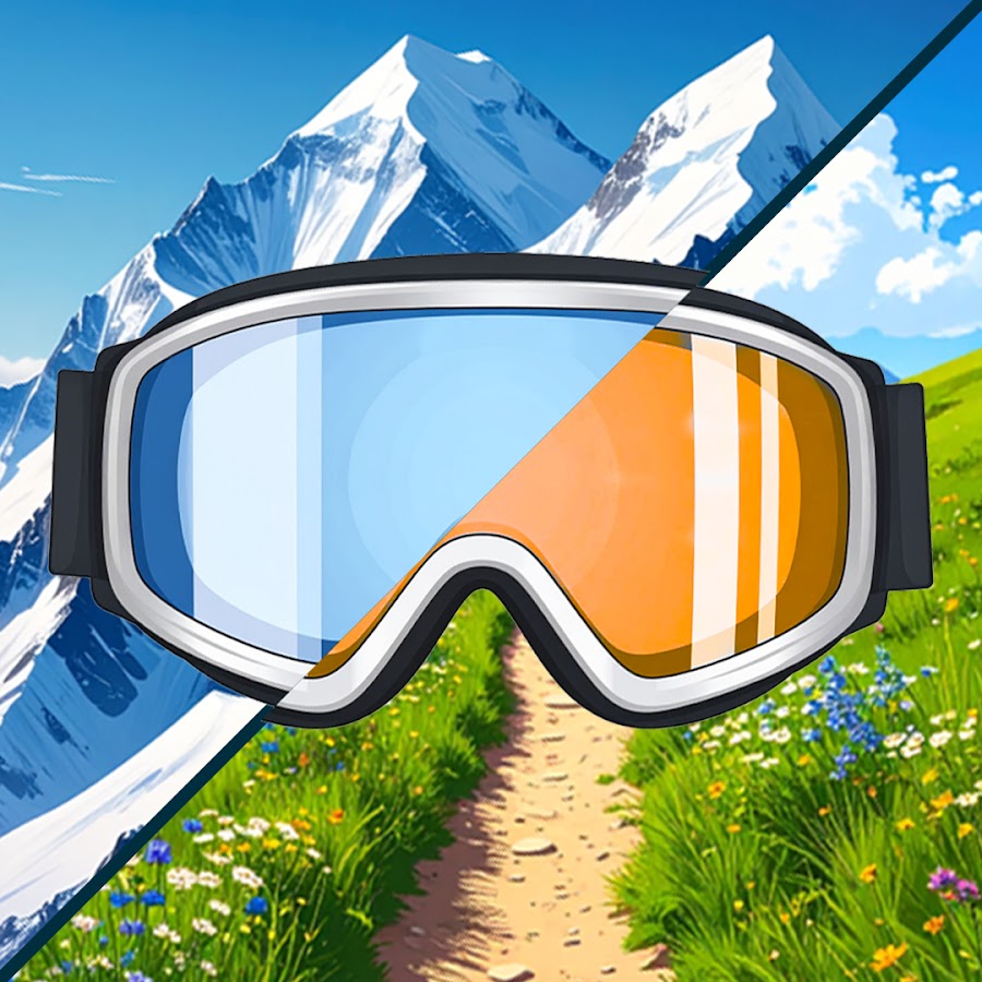 ScootSki channel logo: ski goggles split between snowy mountains and a summer trail